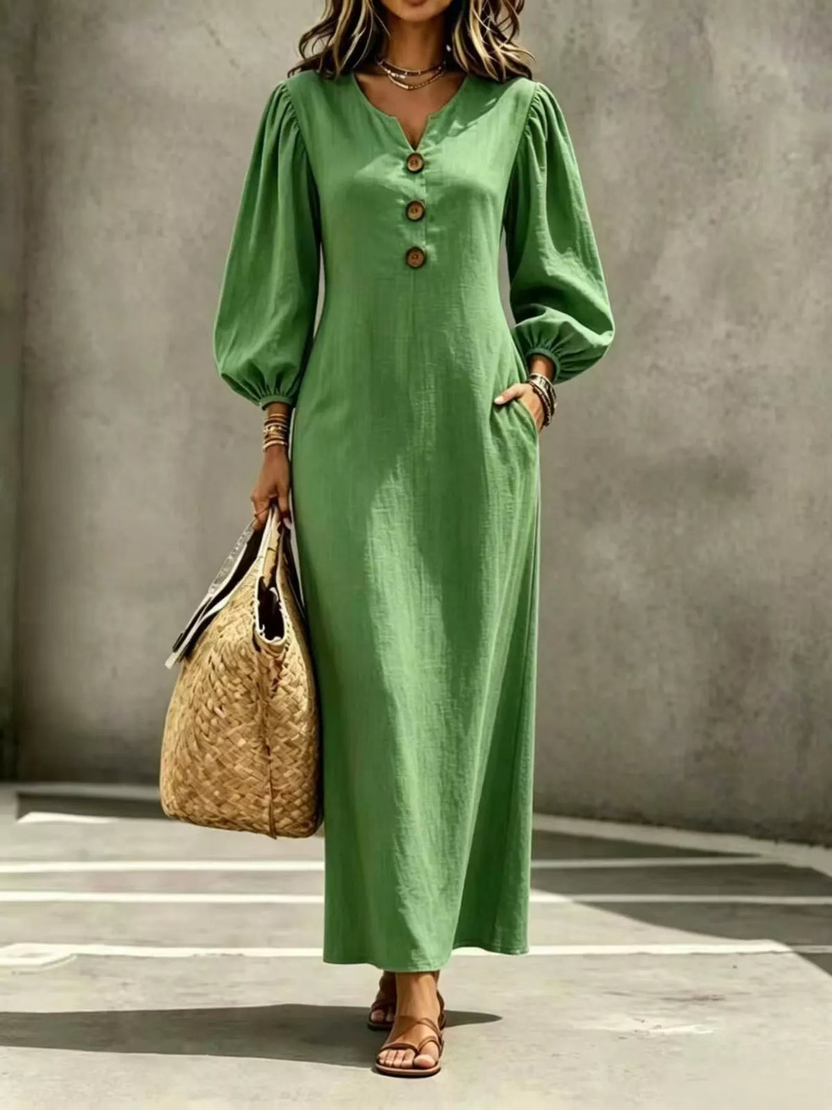 Decorative Button Balloon Sleeve Maxi Dress Sea Green / S