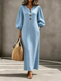 Decorative Button Balloon Sleeve Maxi Dress Sky Blue / S