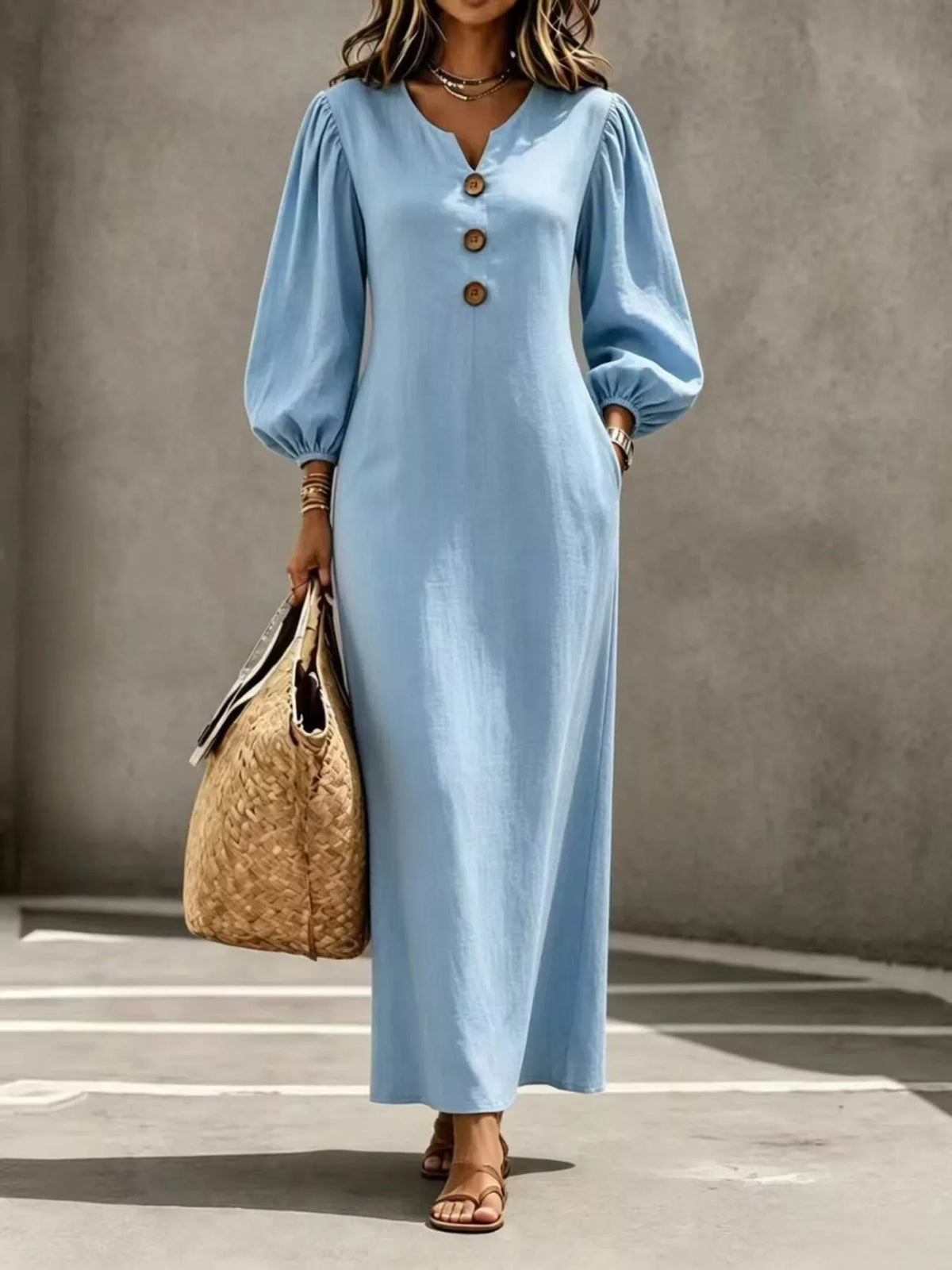 Decorative Button Balloon Sleeve Maxi Dress Sky Blue / S
