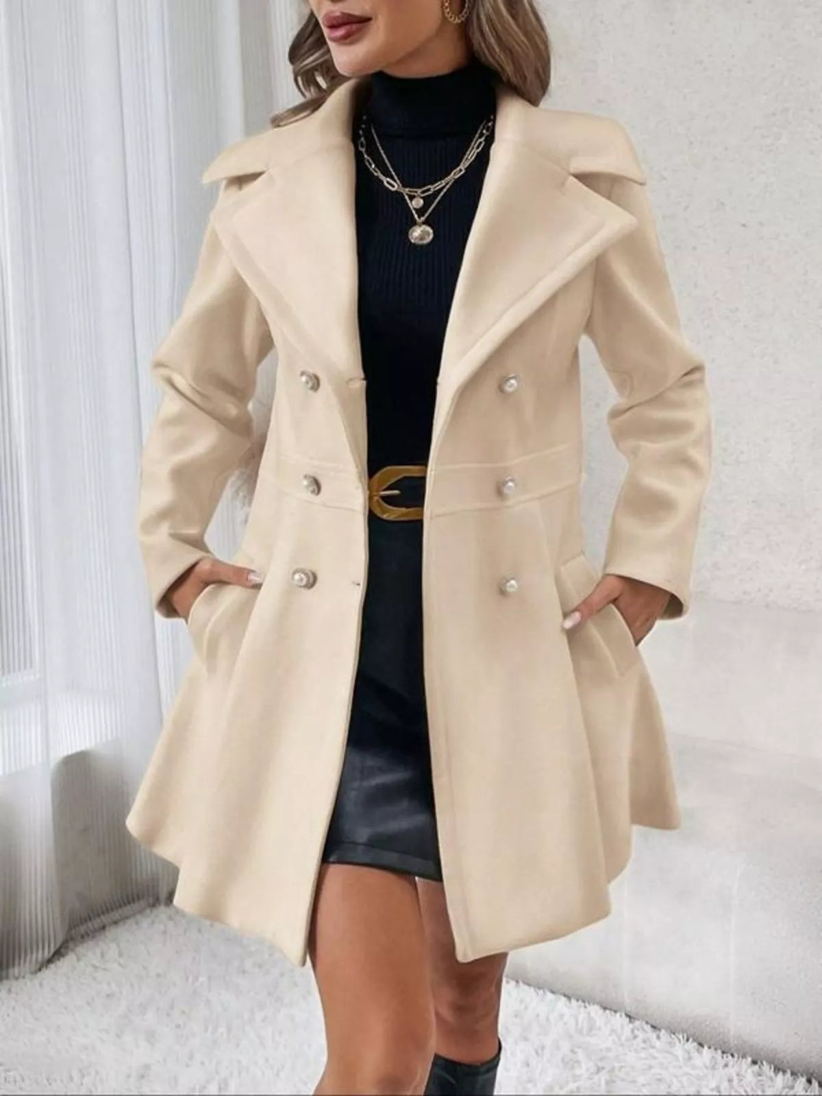 Double-Breasted Peplum Coat Apricot Color / S