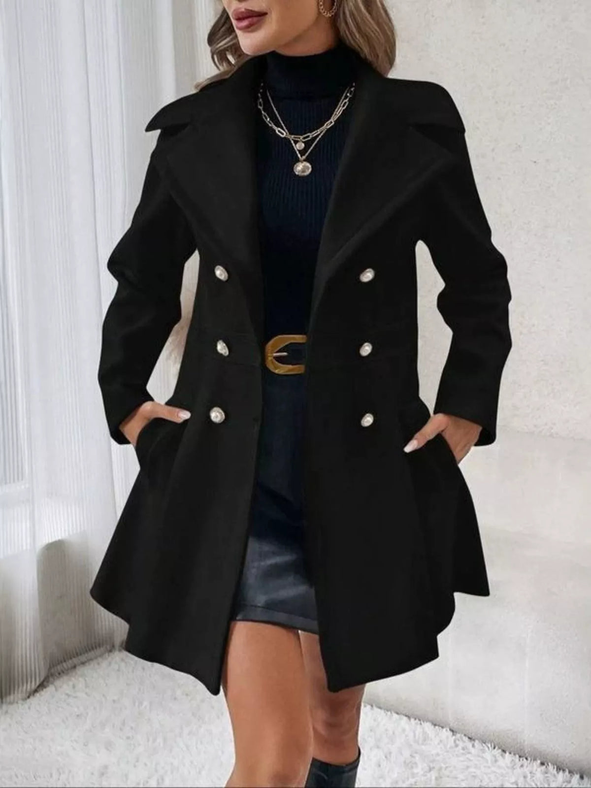 Double-Breasted Peplum Coat Black / S
