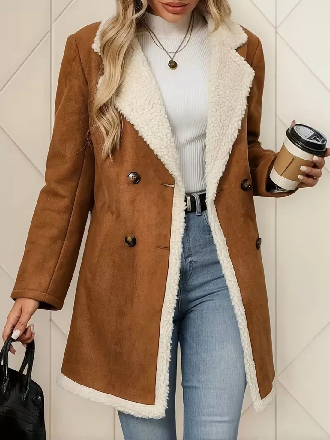 Double-Breasted Suede-Look Longline Coat Caramel / S