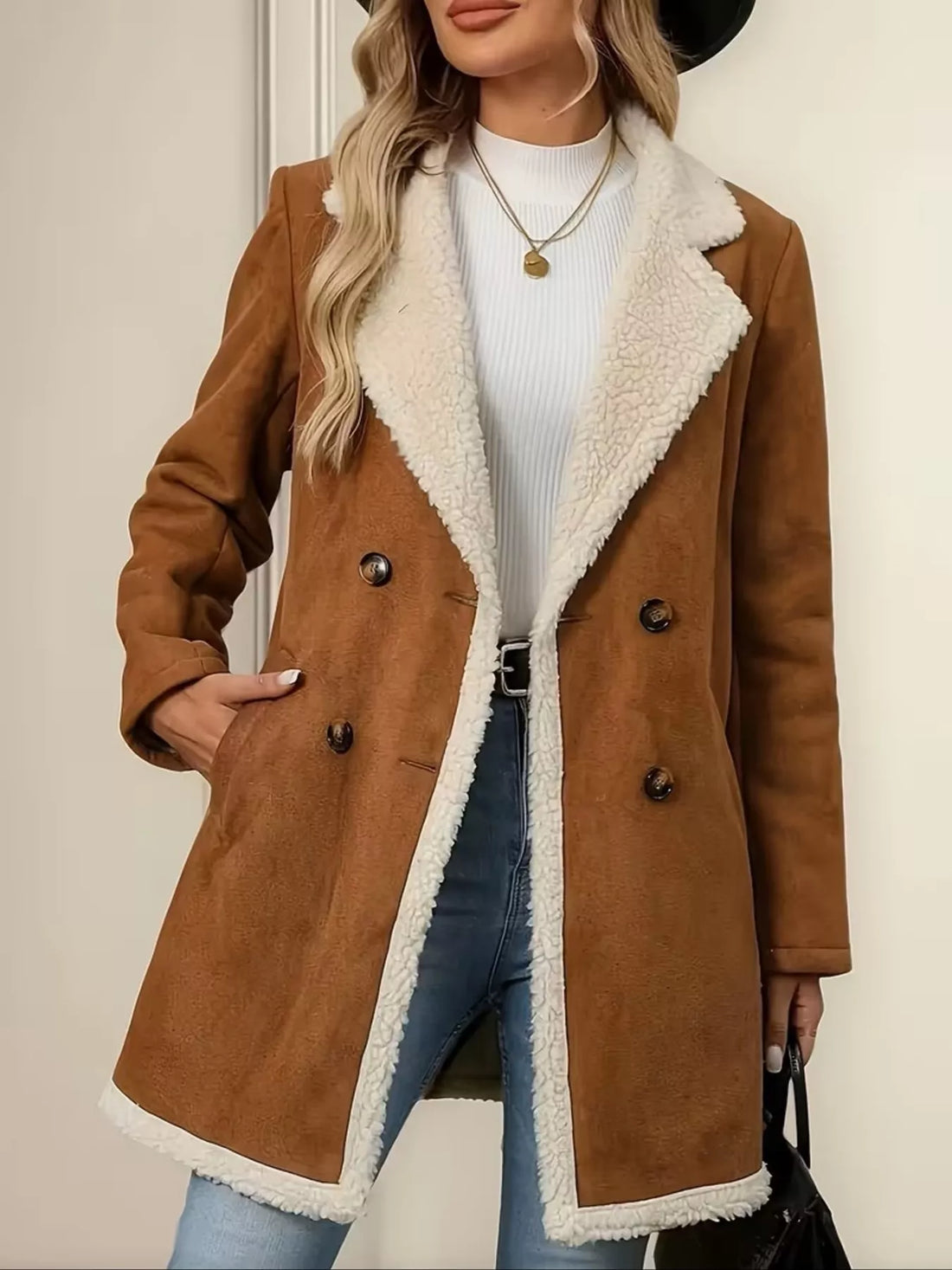 Double-Breasted Suede-Look Longline Coat Caramel / S