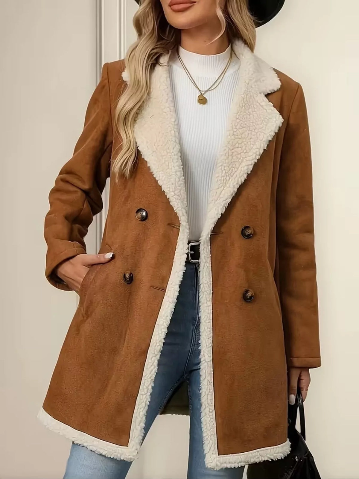 Double-Breasted Suede-Look Longline Coat Caramel / S