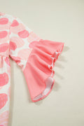 Double Polka Dot Printed Ruffle Trim Short Sleeve Babydoll Shirt