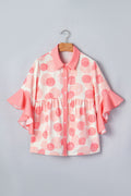 Double Polka Dot Printed Ruffle Trim Short Sleeve Babydoll Shirt