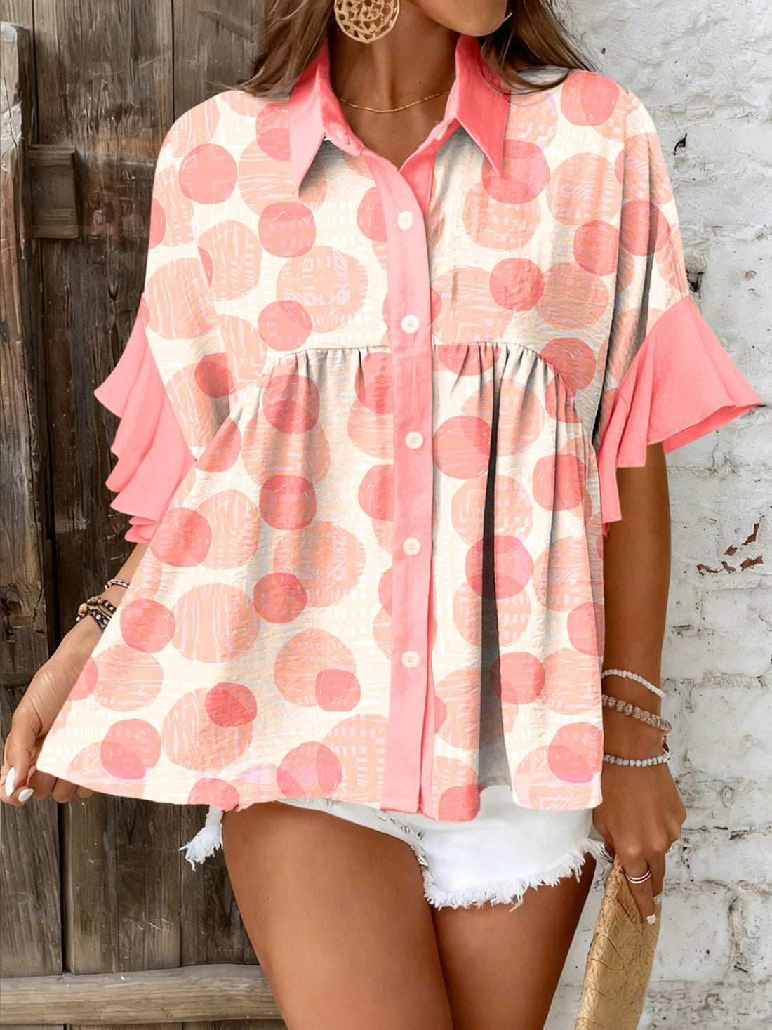 Double Polka Dot Printed Ruffle Trim Short Sleeve Babydoll Shirt Pale Blush / S