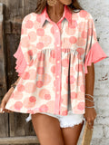 Double Polka Dot Printed Ruffle Trim Short Sleeve Babydoll Shirt Pale Blush / S