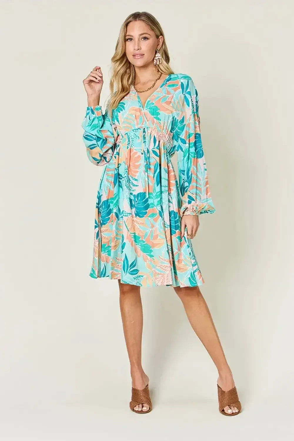 Printed V-Neck Drawstring Dress for Women