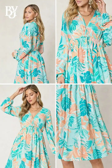 Printed V-Neck Drawstring Dress for Women