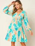 Printed V-Neck Drawstring Dress for Women Turquoise / S