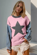 Double Take Full Size Star Pattern Raw Edge Long Sleeve Sweater Blush Pink / S/M