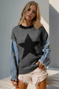 Double Take Full Size Star Pattern Raw Edge Long Sleeve Sweater Dark Gray / S/M