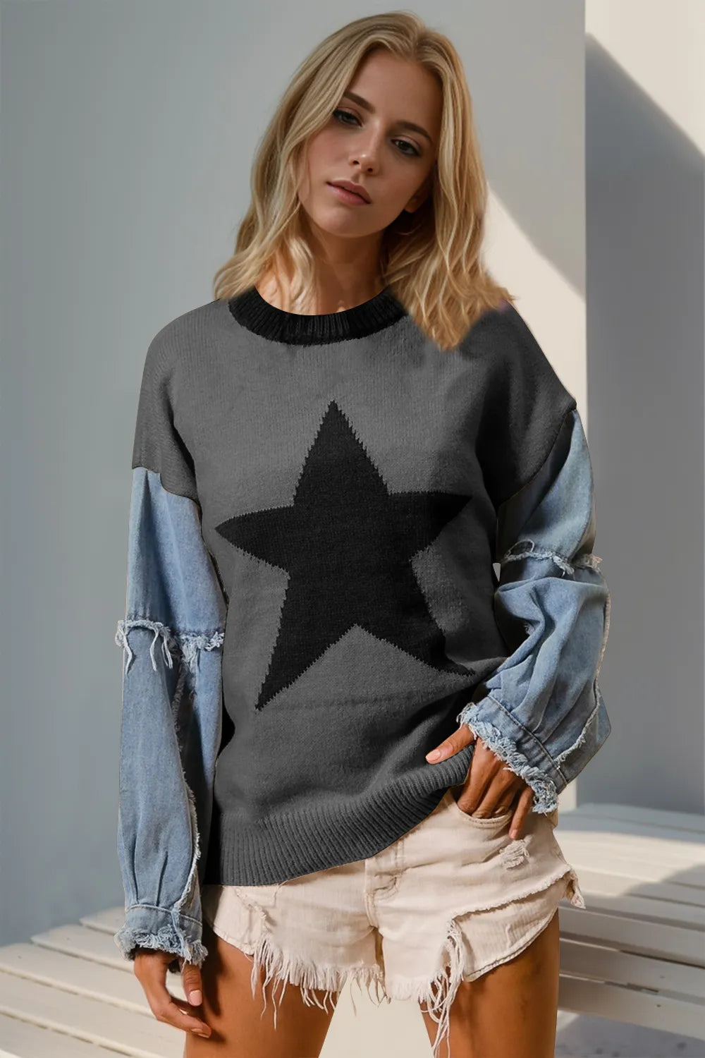 Double Take Full Size Star Pattern Raw Edge Long Sleeve Sweater Dark Gray / S/M
