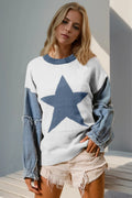Double Take Full Size Star Pattern Raw Edge Long Sleeve Sweater White / S/M