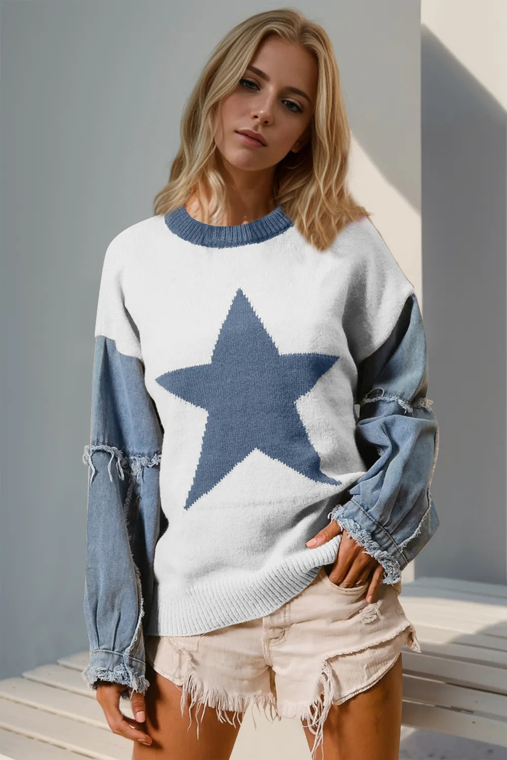 Double Take Full Size Star Pattern Raw Edge Long Sleeve Sweater White / S/M