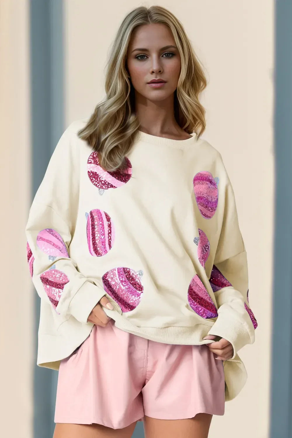 Double Take Sequin Sweatshirt Cream / S