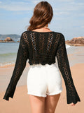 Drawstring Crochet Long Sleeve Cover-Up