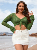 Drawstring Crochet Long Sleeve Cover-Up