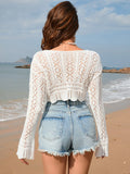 Drawstring Crochet Long Sleeve Cover-Up