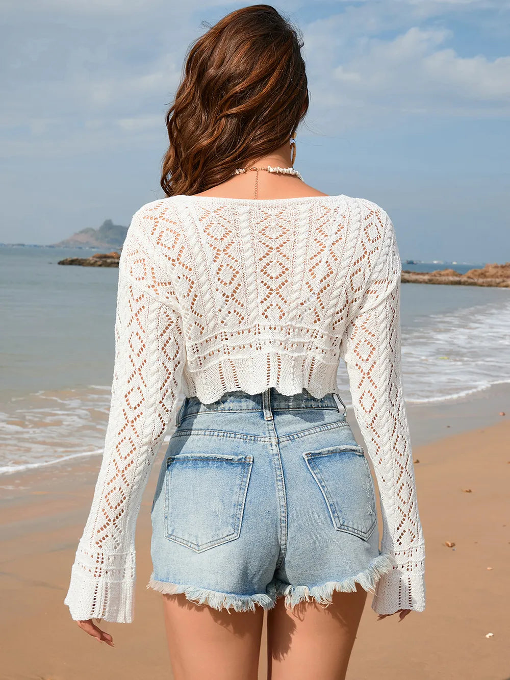 Drawstring Crochet Long Sleeve Cover-Up