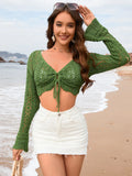 Drawstring Crochet Long Sleeve Cover-Up