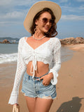 Drawstring Crochet Long Sleeve Cover-Up