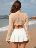 Drawstring Crochet Long Sleeve Cover-Up