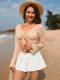 Drawstring Crochet Long Sleeve Cover-Up