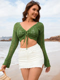 Drawstring Crochet Long Sleeve Cover-Up Green / S