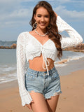 Drawstring Crochet Long Sleeve Cover-Up White / S