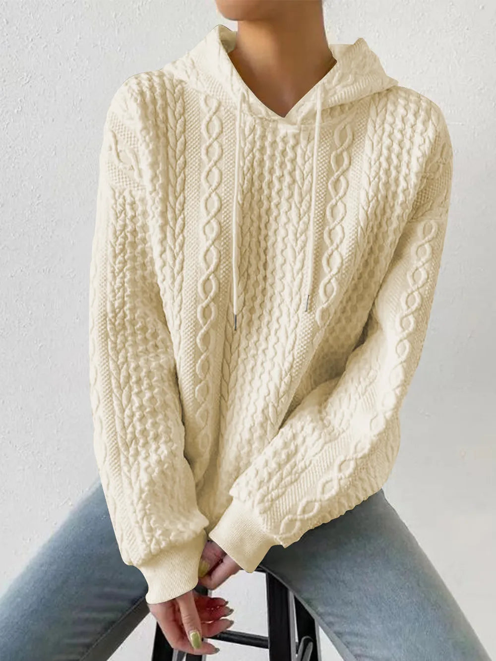 Drawstring Drop Shoulder Long Sleeve Hoodie Beige / S