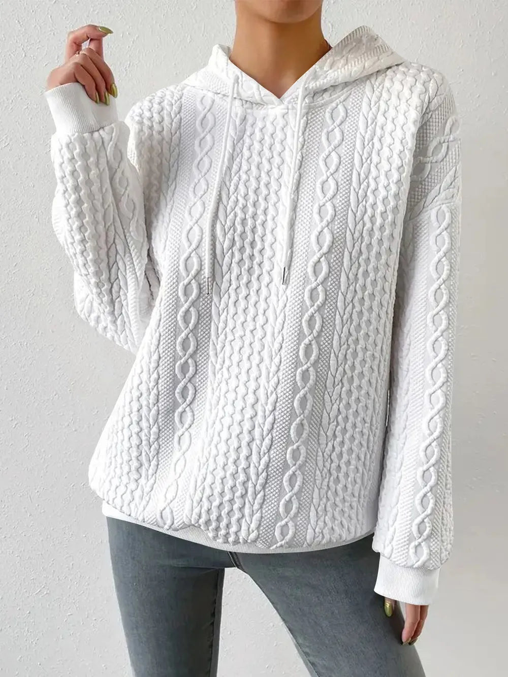 Drawstring Drop Shoulder Long Sleeve Hoodie White / S