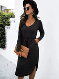 Drawstring Waist Casual Dress for Women Black / S