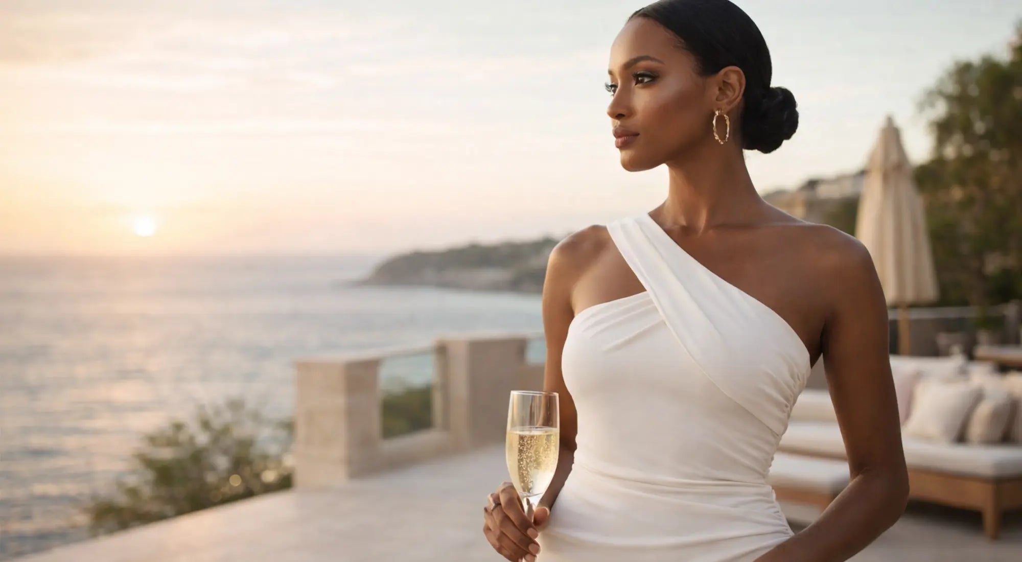 Woman in a white one-shoulder dress holding a glass of champagne with a scenic background1619592854a0f308da-0