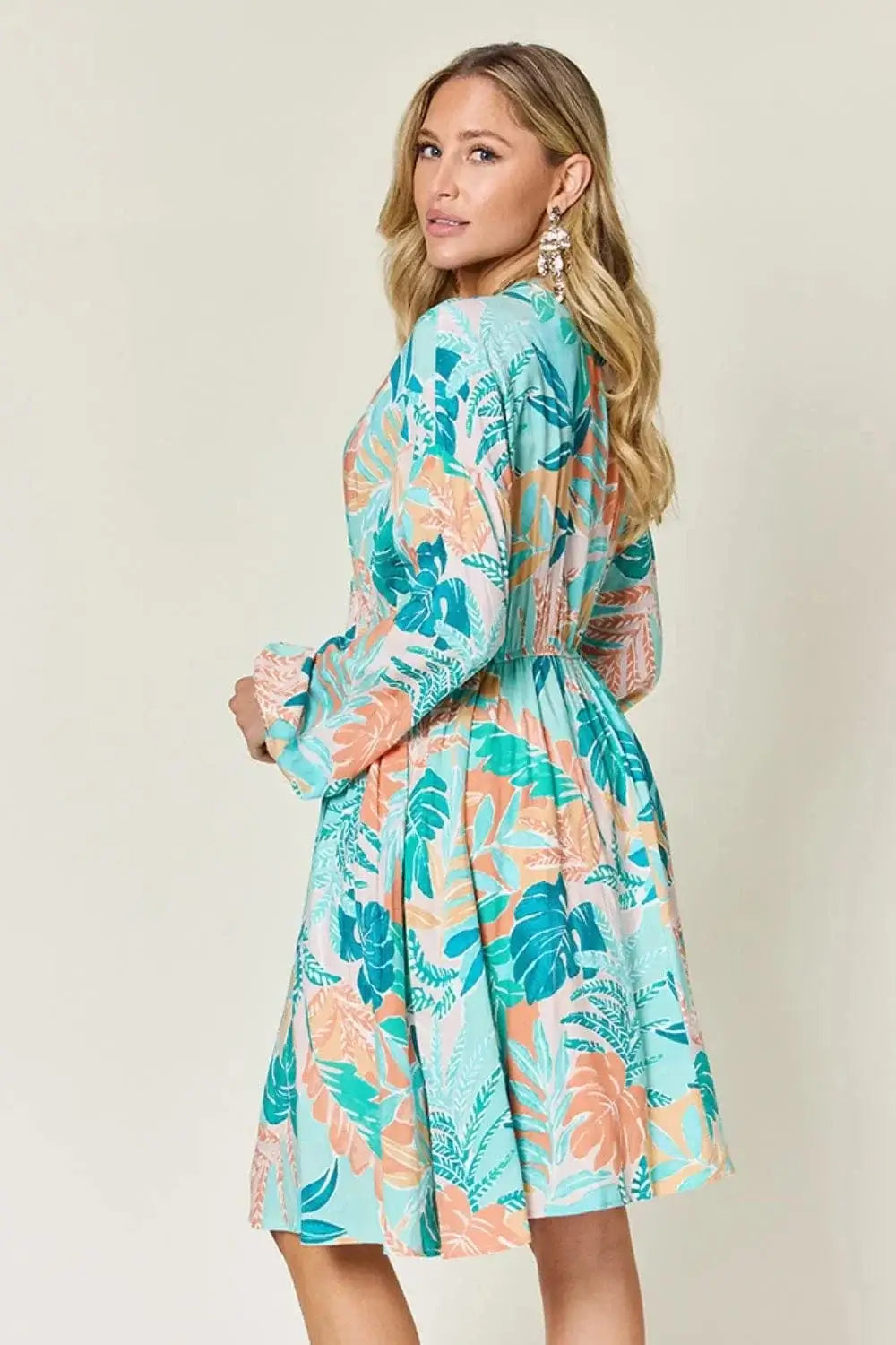 double take printed v-neck drawstring dress
