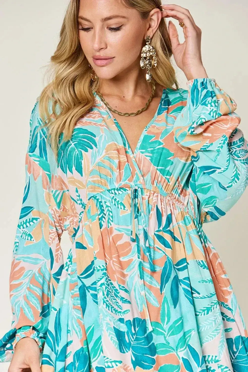 double take printed v-neck drawstring dress