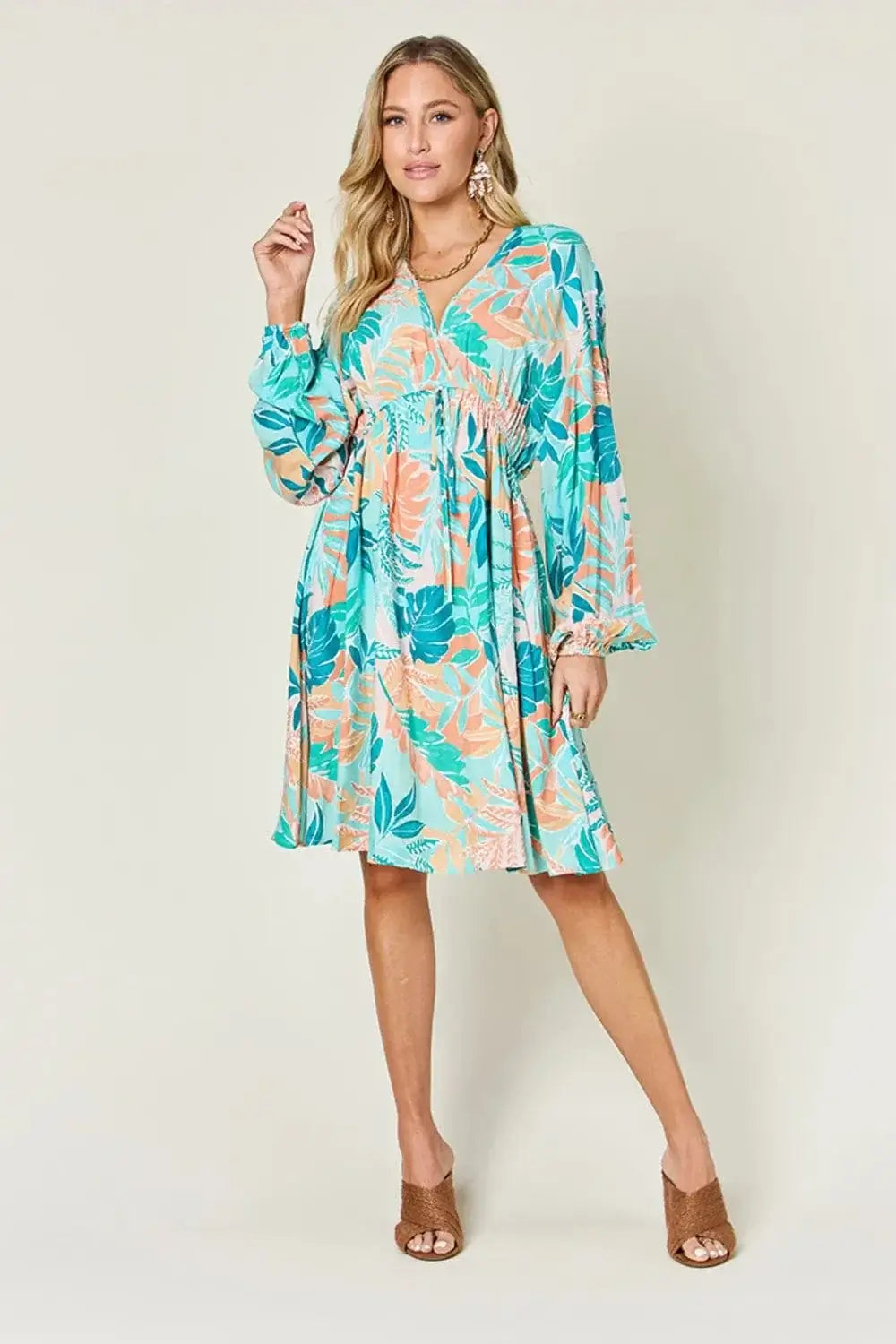 double take printed v-neck drawstring dress
