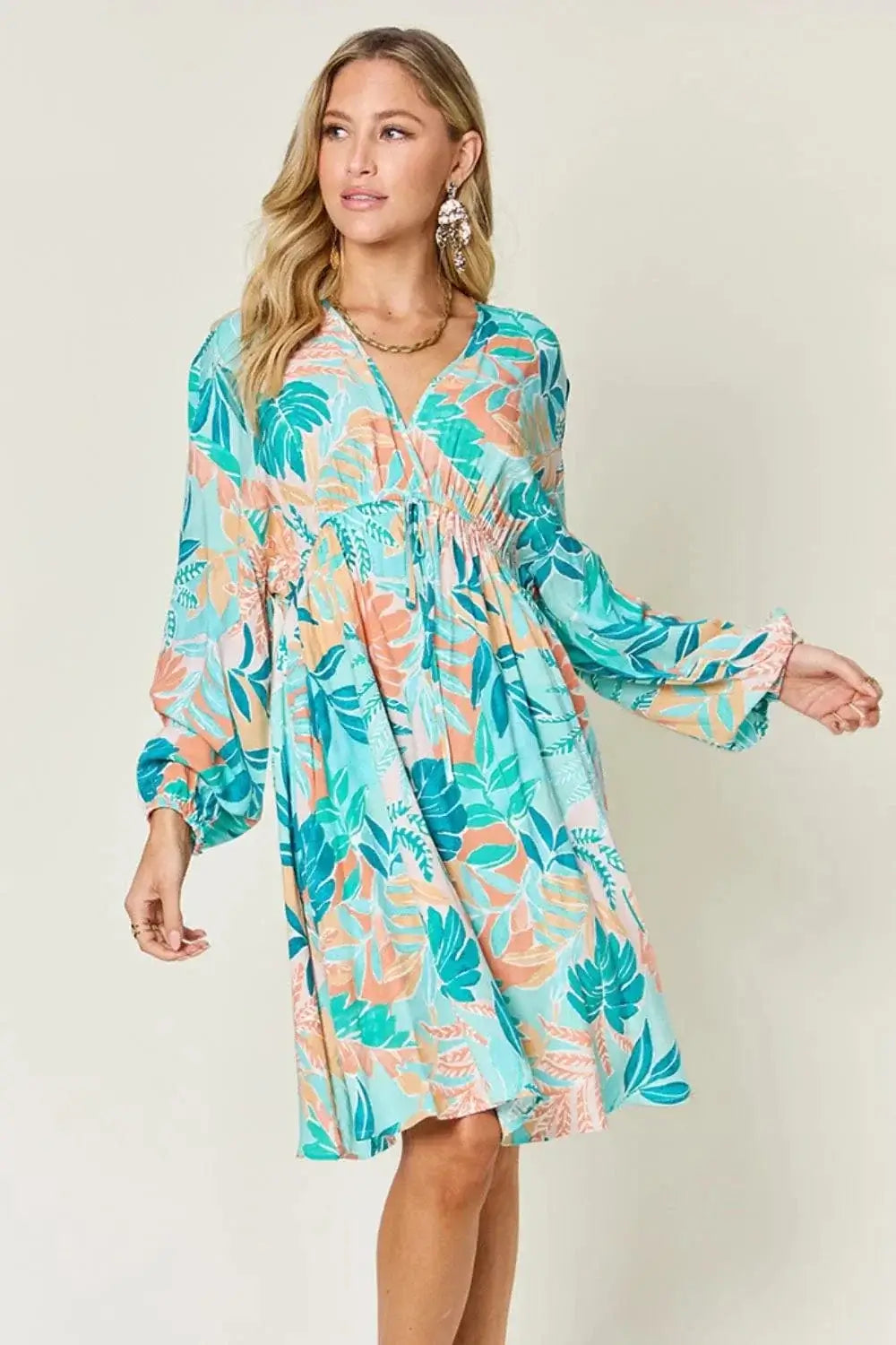 double take printed v-neck drawstring dress