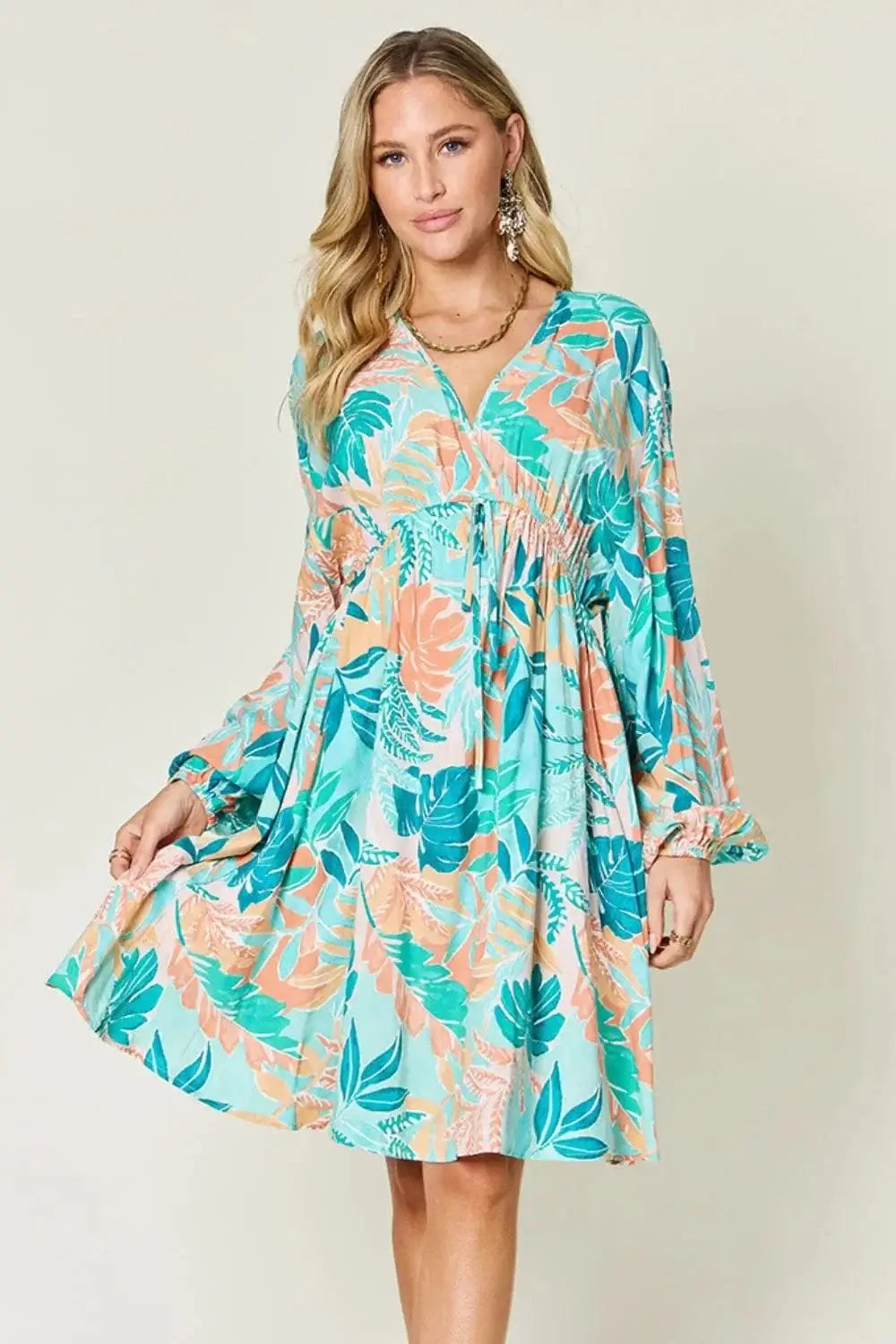 double take printed v-neck drawstring dress