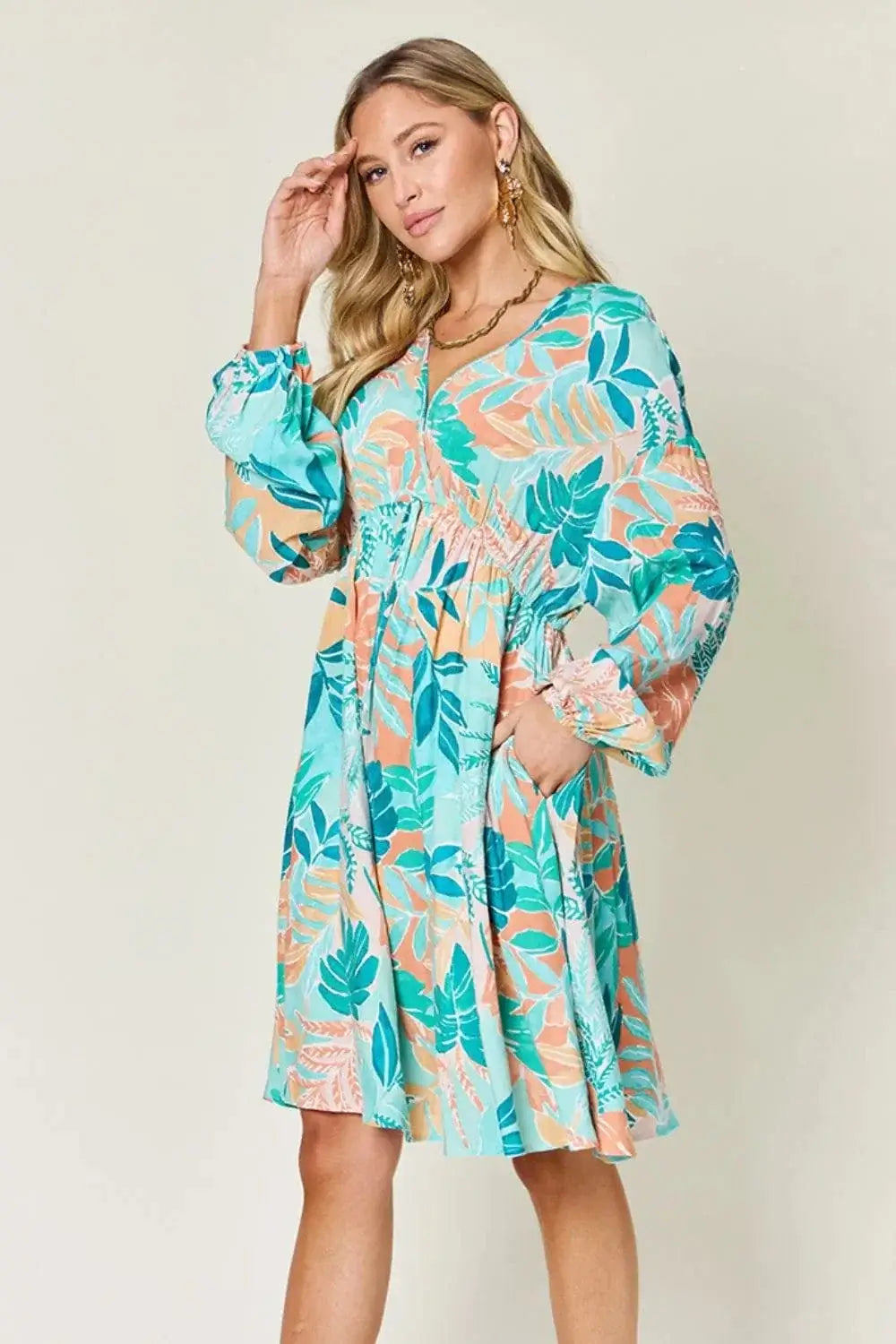 double take printed v-neck drawstring dress