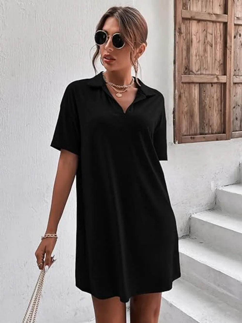 Johnny-Collar Short-Sleeve Polo Dress - product view 14