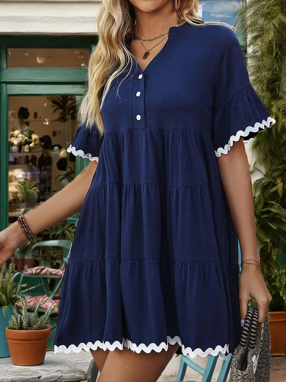Perfee Contrast-Trim Notched Short-Sleeve Mini Dress - product view 5