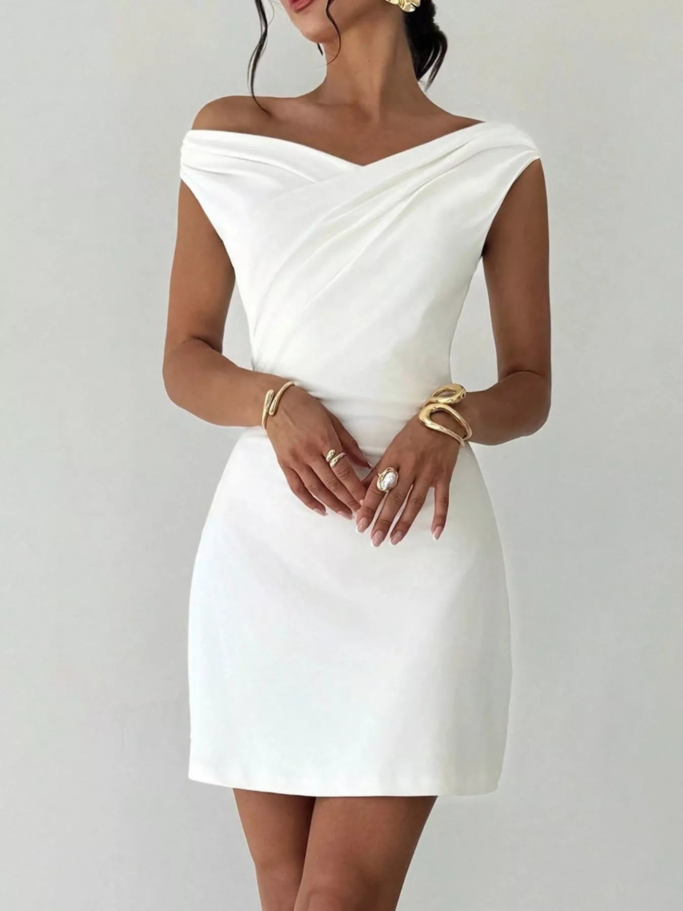 Elegant Off-Shoulder Draped Mini Dress White / S