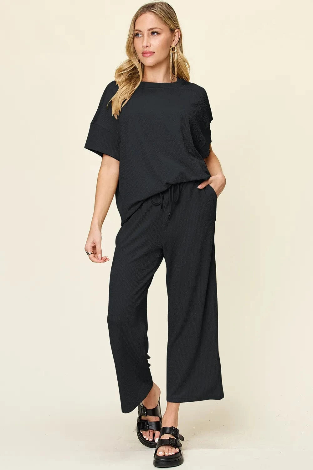 Black Double Take Full Size Texture Round Neck Short Sleeve T-Shirt and Wide Leg Pants everyday essentials
