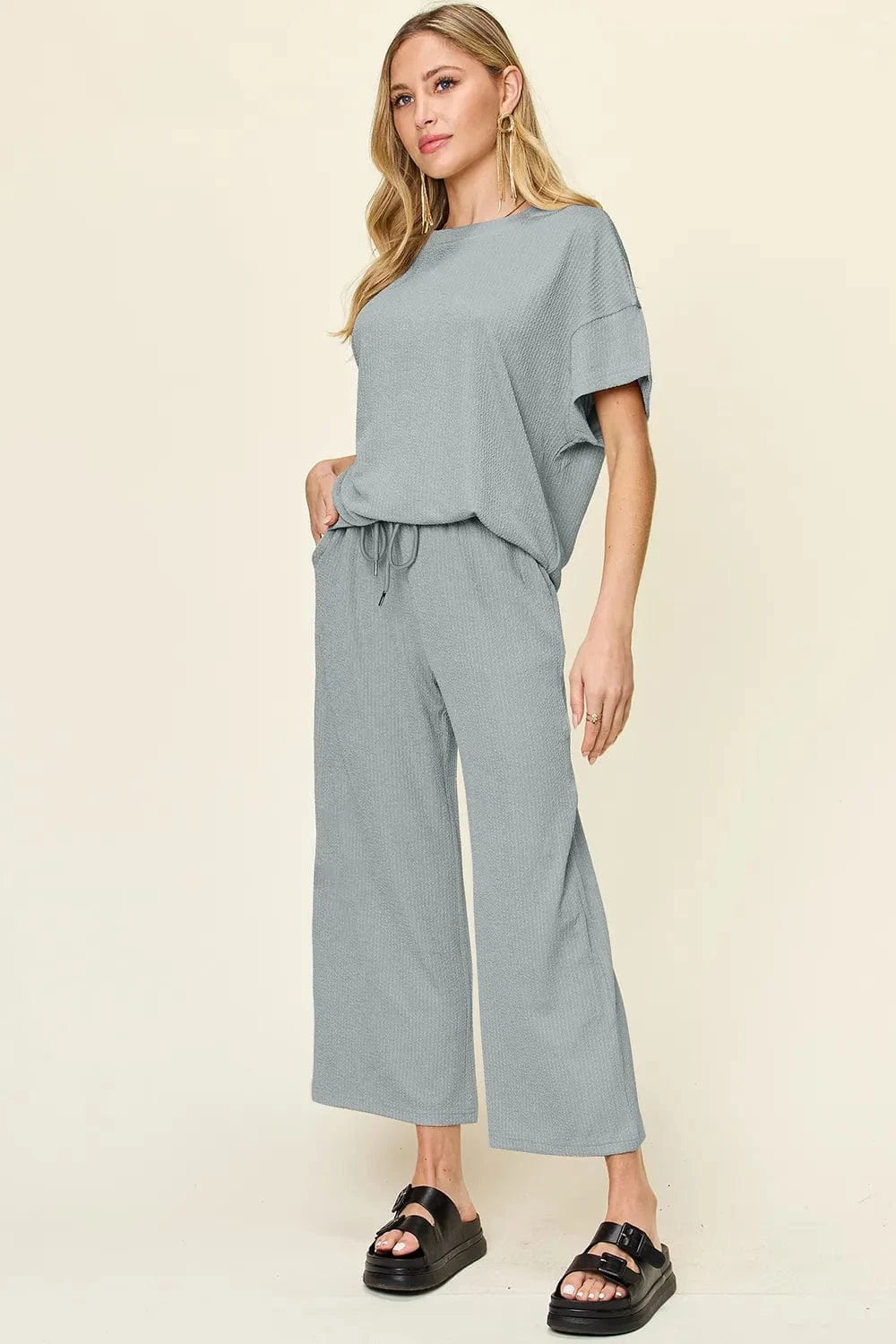 Cloudy Blue Double Take Full Size Texture Round Neck Short Sleeve T-Shirt and Wide Leg Pants everyday essentials