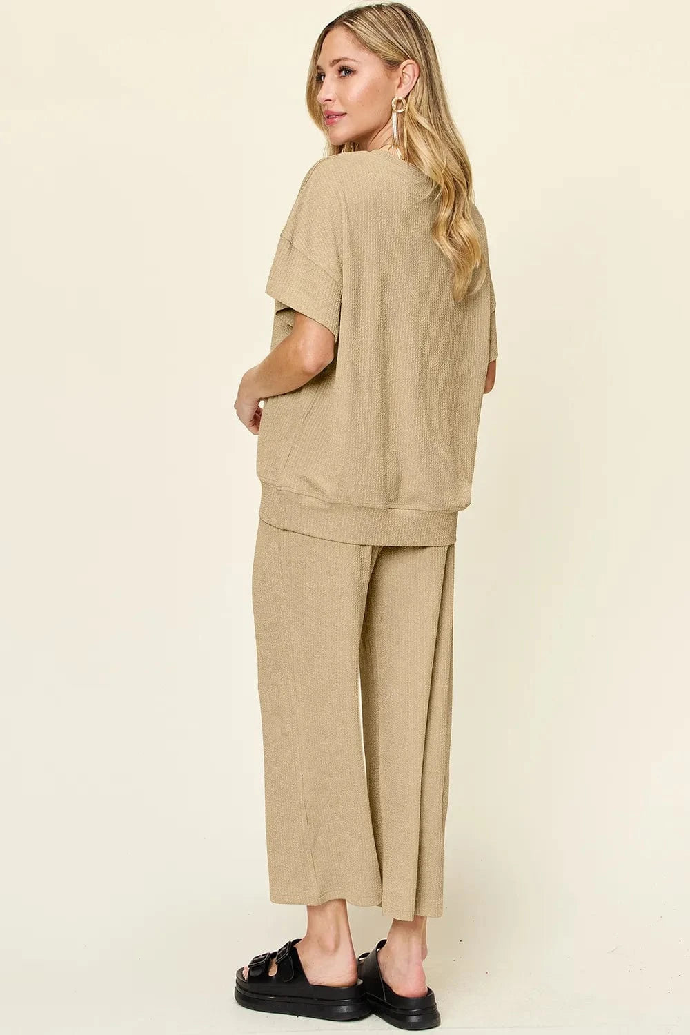 Double Take Full Size Texture Round Neck Short Sleeve T-Shirt and Wide Leg Pants everyday essentials
