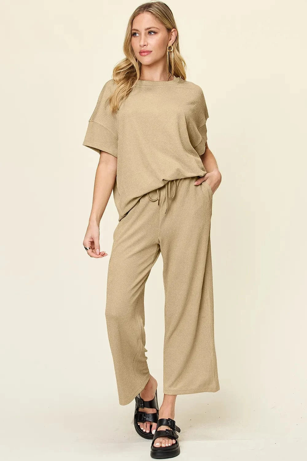 Khaki Double Take Full Size Texture Round Neck Short Sleeve T-Shirt and Wide Leg Pants everyday essentials