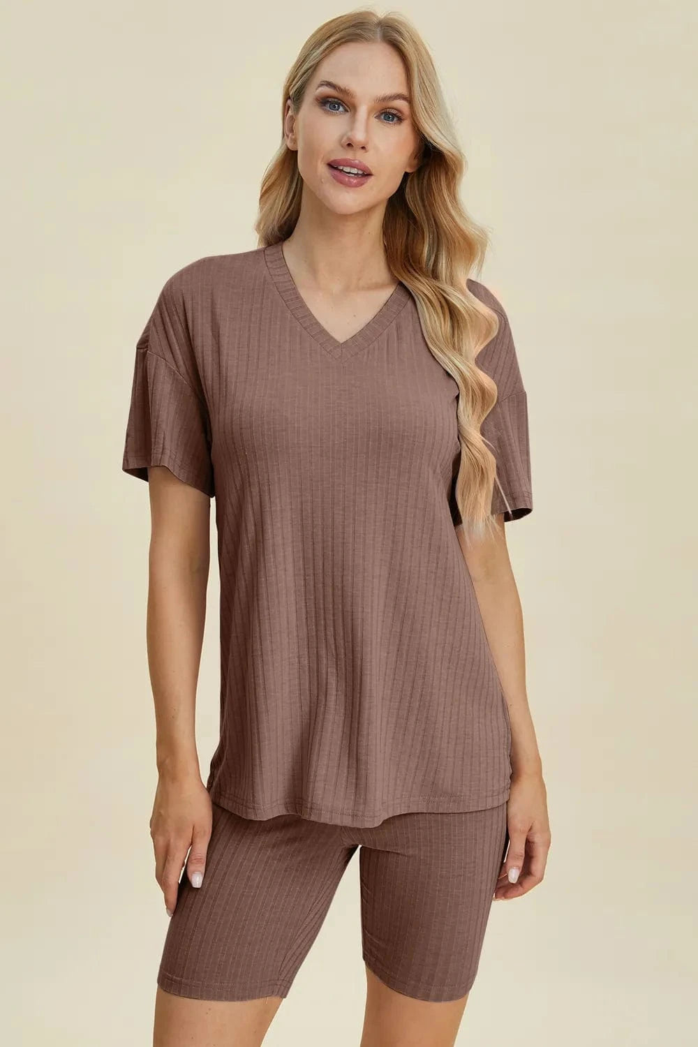 Taupe Basic Bae Full Size Ribbed V-Neck Short Sleeve Top and Shorts Set everyday essentials