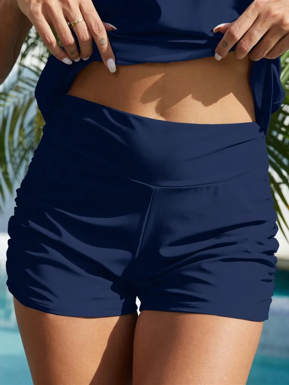 FAM-FAM Ruched Mid-Rise Waist Swim Shorts Dark Blue / S